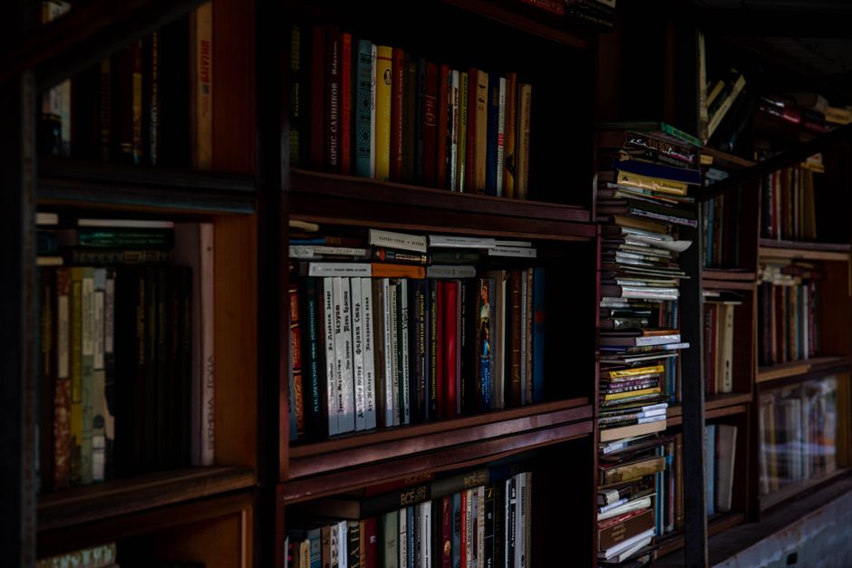 A dimly lit bookshelf filled with an array of books